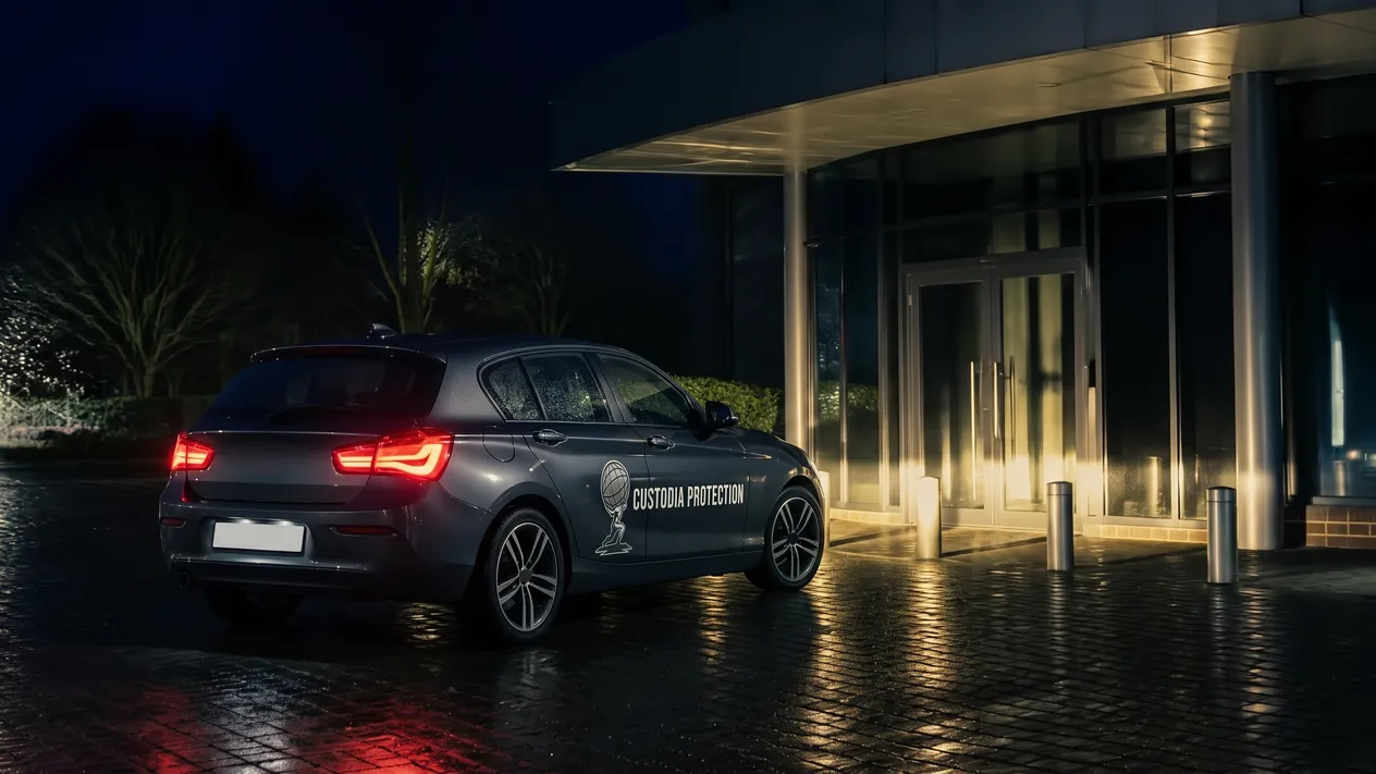 Fahrzeug von Custodia Protection vor einem Gebäudeeingang bei Nacht
